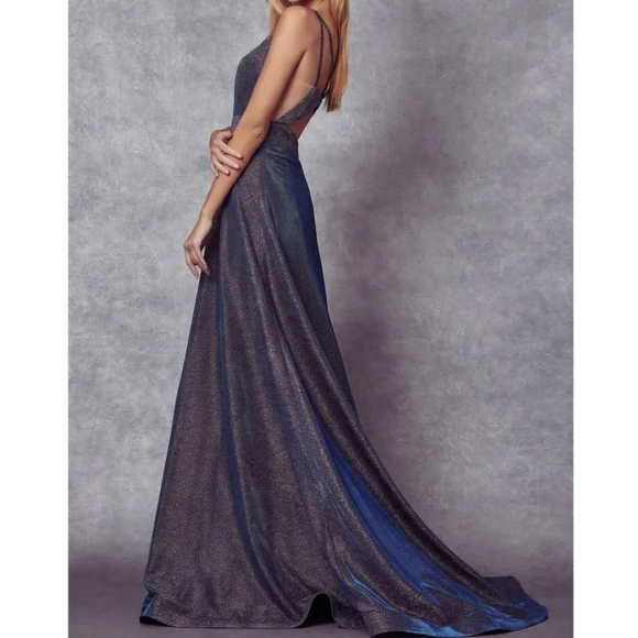 Navy Blue Matallic Shimmer V neck Evening Formal Prom Dress XS - Picture 2 of 5